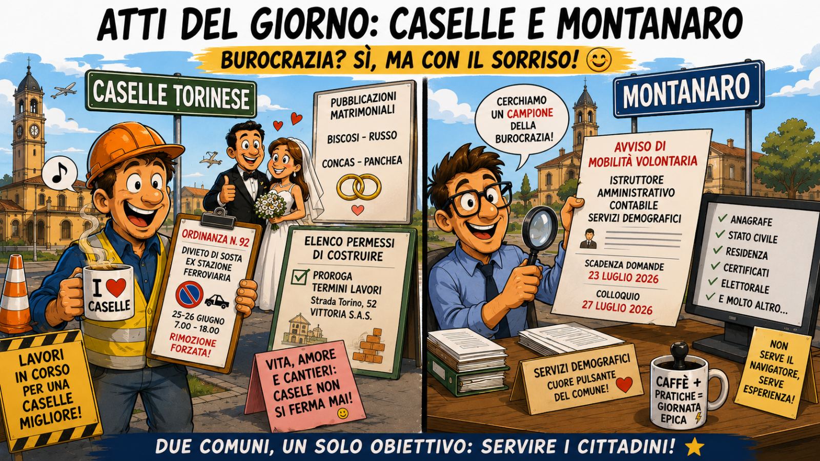 Caselle tra matrimoni, cantieri e scrivanie vuote: il riassunto degli atti del 22 giugno 2026