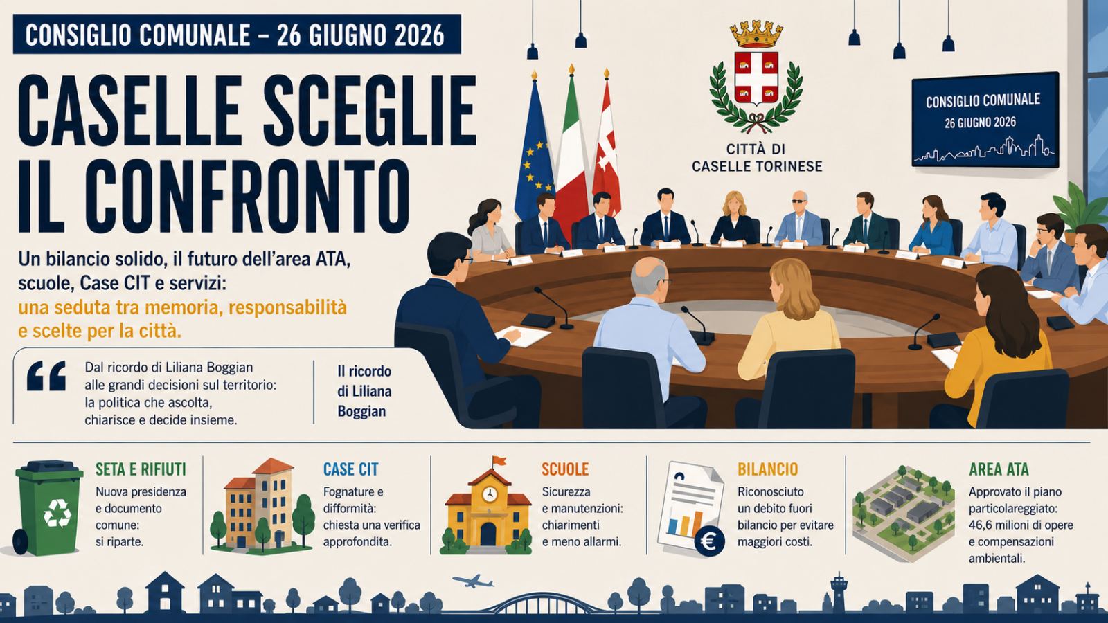 Consiglio del 26/06/2026 un Consiglio che sceglie il confronto: dal ricordo di Liliana Boggian al futuro dell'area ATA, passando per scuole, Case CIT e conti del Comune