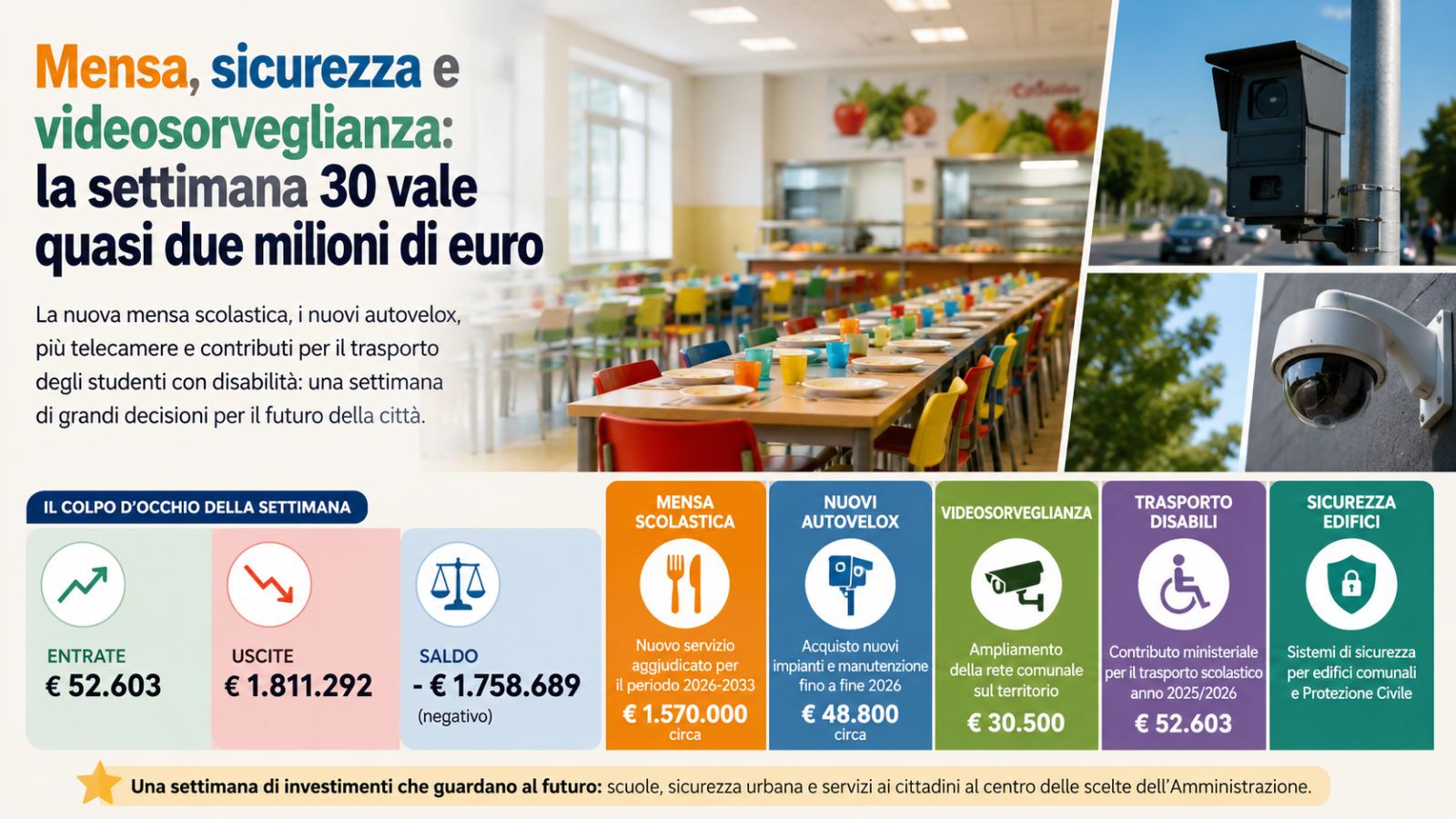 Settimana 30: quasi 2 milioni di euro tra mense, autovelox e videosorveglianza