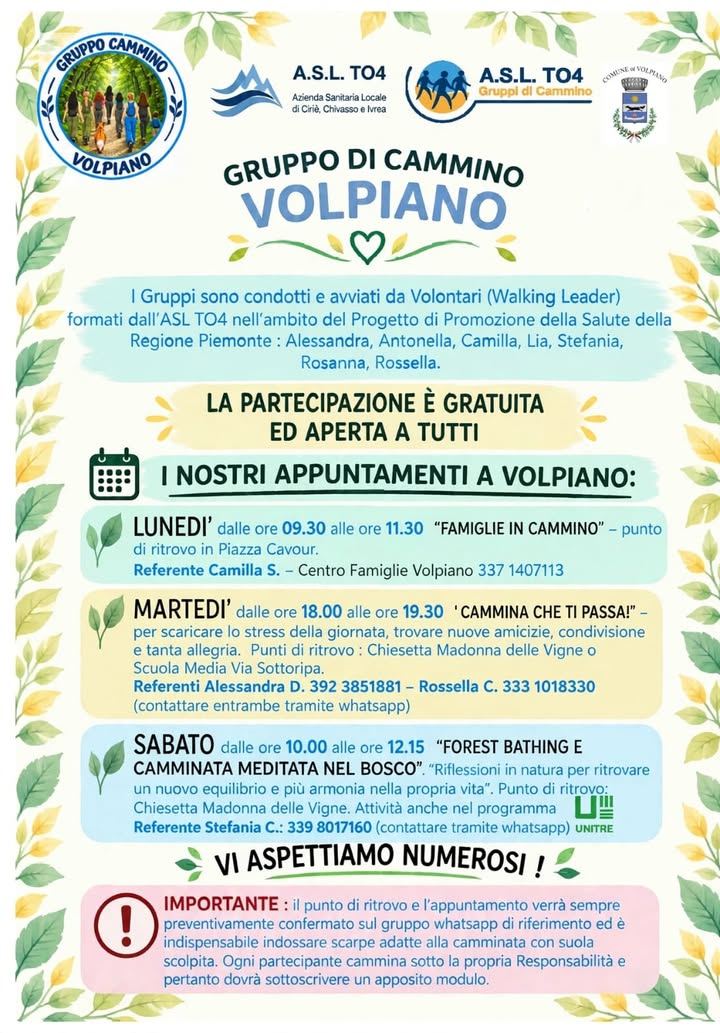 🌿 Volpiano promuove salute e benessere con i Gruppi di Cammino