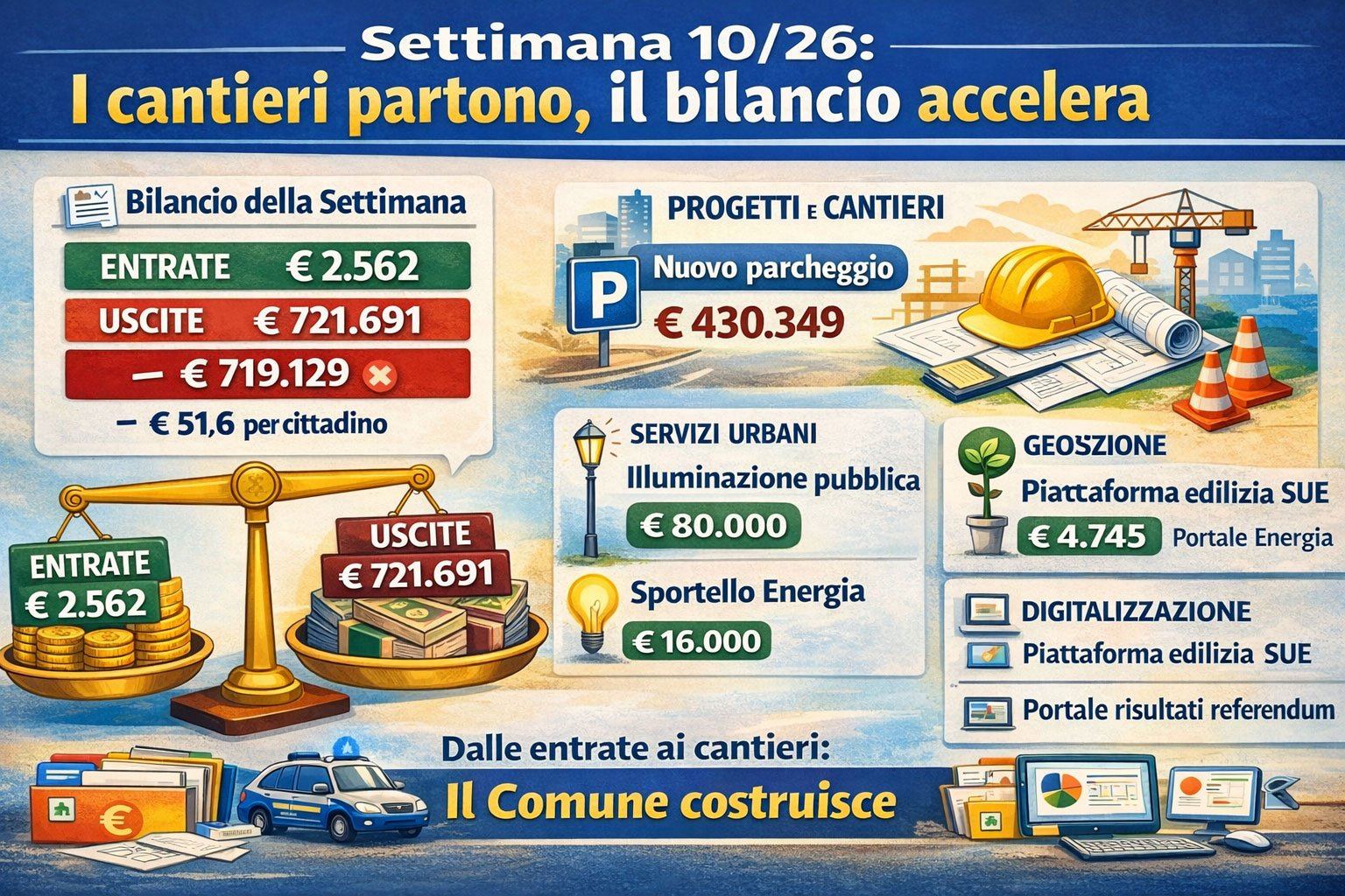 Settimana 10 – Il bilancio si muove: parcheggi, scuole e nuovo municipio