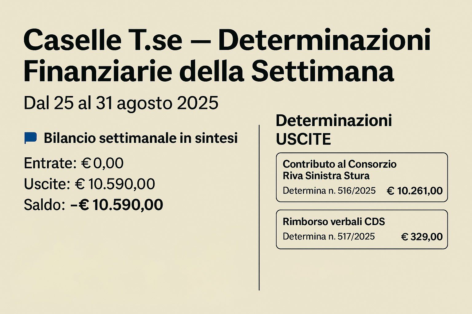 Settimana 35: zero incassi, 10.590 € di uscite per Caselle